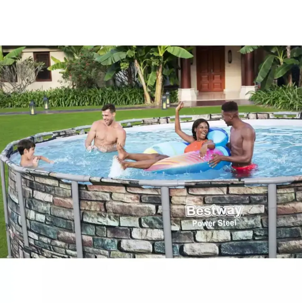 Bestway Power Steel™ complete set bovengronds zwembad met filterpomp Ø 549 x 132 cm stenen muur look (natuursteen), rond