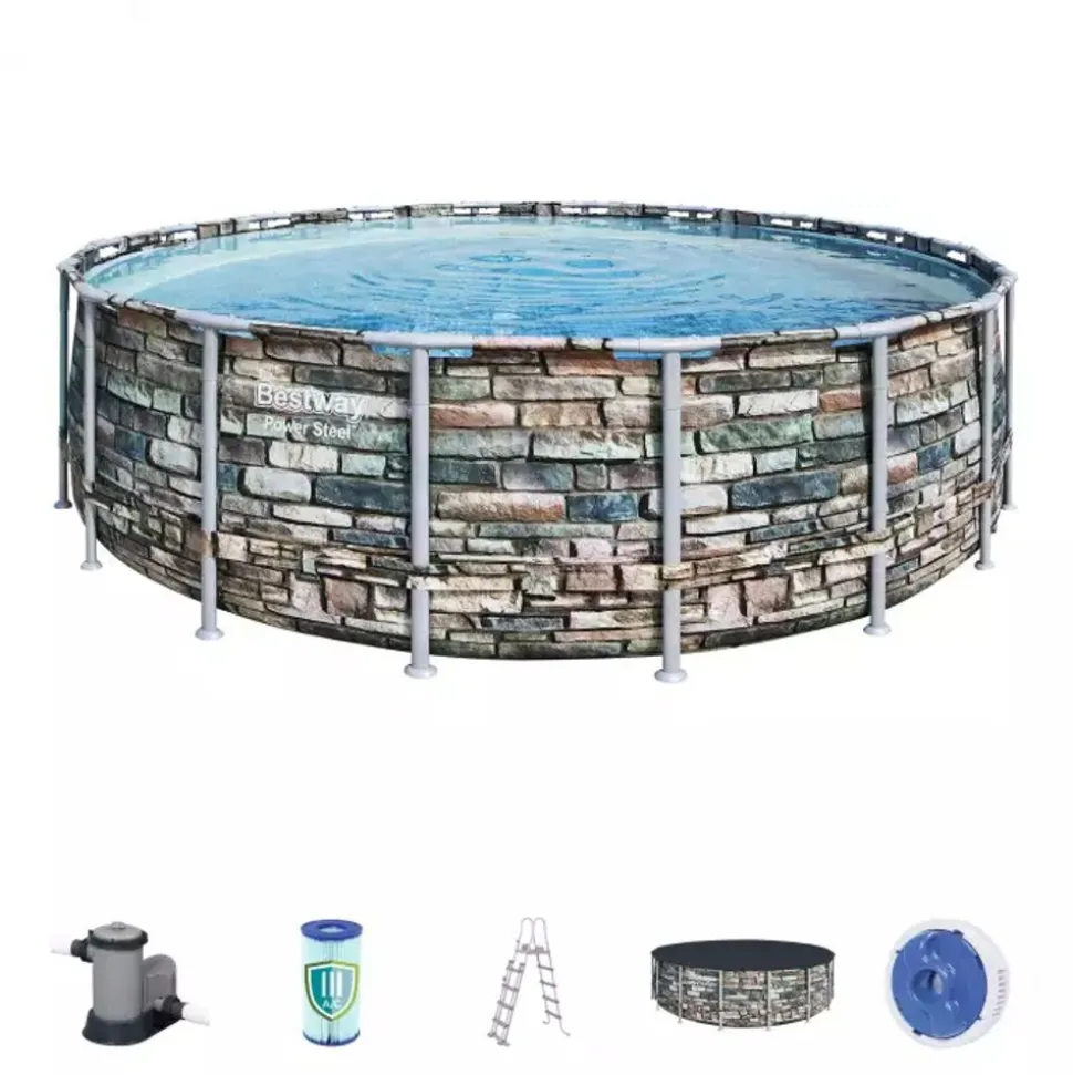 Bestway Power Steel™ complete set bovengronds zwembad met filterpomp Ø 549 x 132 cm stenen muur look (natuursteen), rond