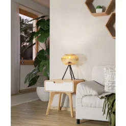 Eglo AMSFIELD 1 Tafellampen staal zwart / Hout natuur H: 410 mm | Ø 260 mm