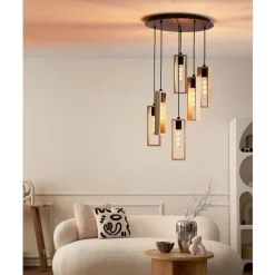 Eglo LITTLETON hanglamp staal zwart / Hout bruin H: 1500 mm | Ø 500 mm