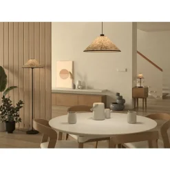 Eglo OXPARK hanglamp staal zwart / textiel met bamboebladeren wit, groen H: 1100 mm | Ø 420 mm