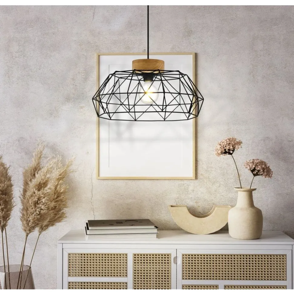 Eglo PADSTOW hanglamp staal, hout zwart, natuur H: 1100 mm | Ø 455 mm