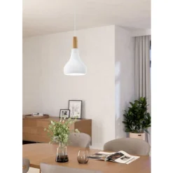 Eglo SABINAR hanglamp staal wit / Hout bruin H: 1100 mm | Ø 180 mm