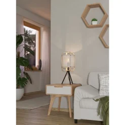 Eglo SURFLEET Tafellampen staal zwart / hout, textiel natuur H: 515 mm | Ø 200 mm