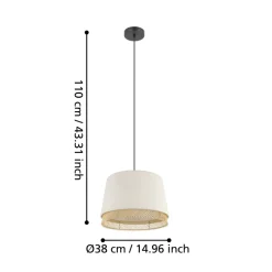Eglo TABLEY hanglamp staal zwart / textiel, hout natuurlijk, bruin H: 1100 mm | Ø 380 mm