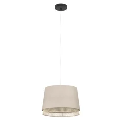 Eglo TABLEY hanglamp staal zwart / textiel, hout natuurlijk, bruin H: 1100 mm | Ø 380 mm