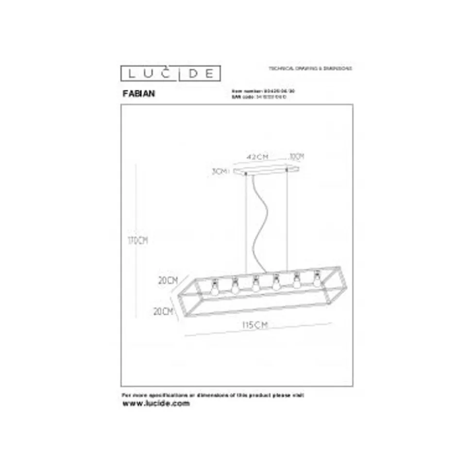 Lucide FABIAN - Hanglamp - 6xE27 - Zwart