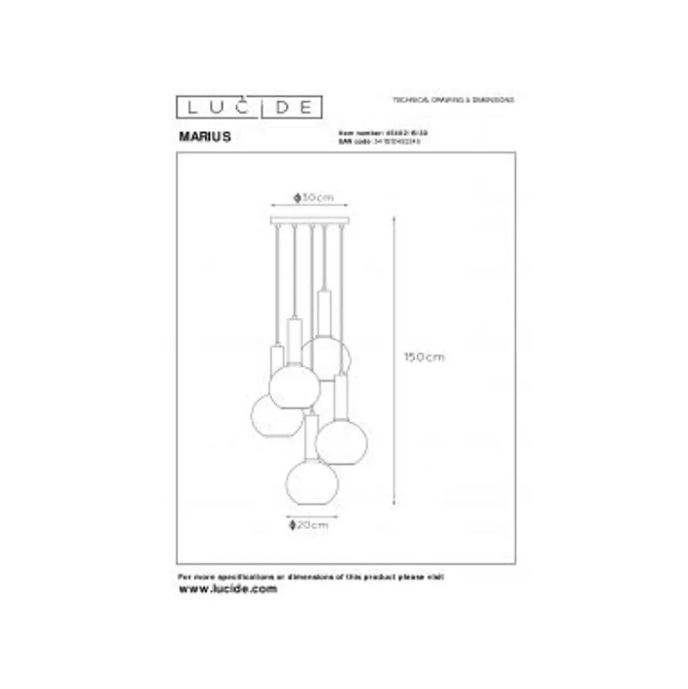 Lucide MARIUS Hanglamp-Zwart-Ø55-5xE27-40W-Glas