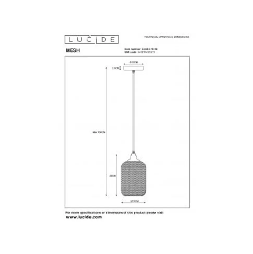 Lucide MESH Pendel E27 Ø15cm H 29cm Zwart