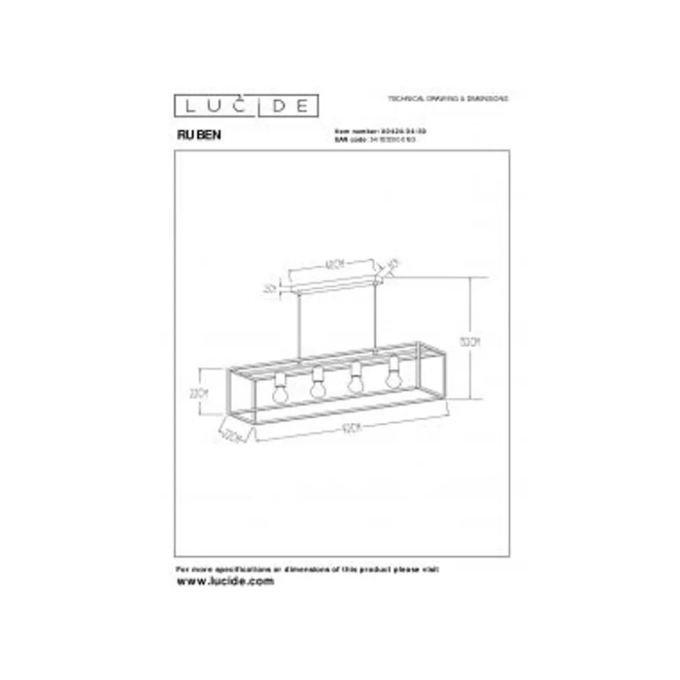 Lucide RUBEN Hanglamp 4x E27 40W Zwart / mat goud