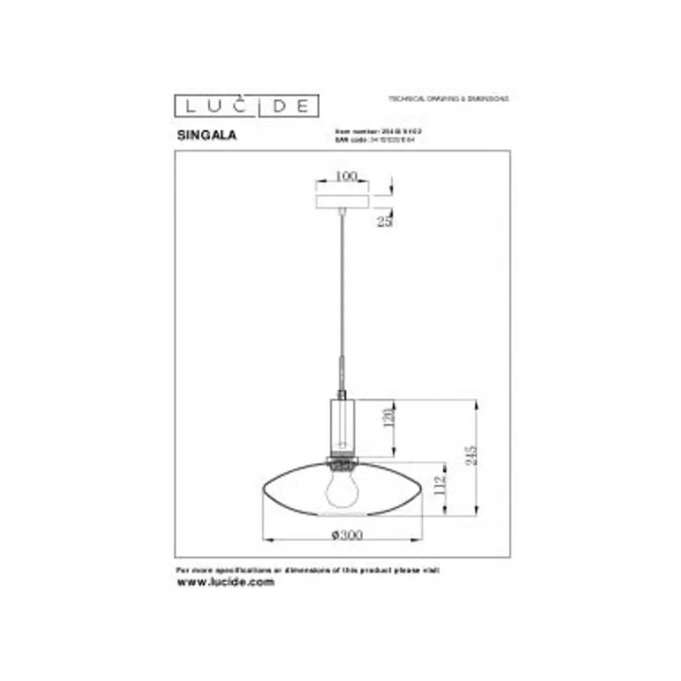 Lucide SINGALA Hanglamp-Mat Go.-Ø30-1xE27-60W-Glas