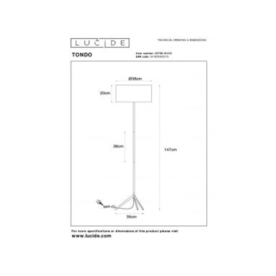Lucide TONDO Vloerlamp-Mat Go.-Ø38-1xE27-60W-Katoen