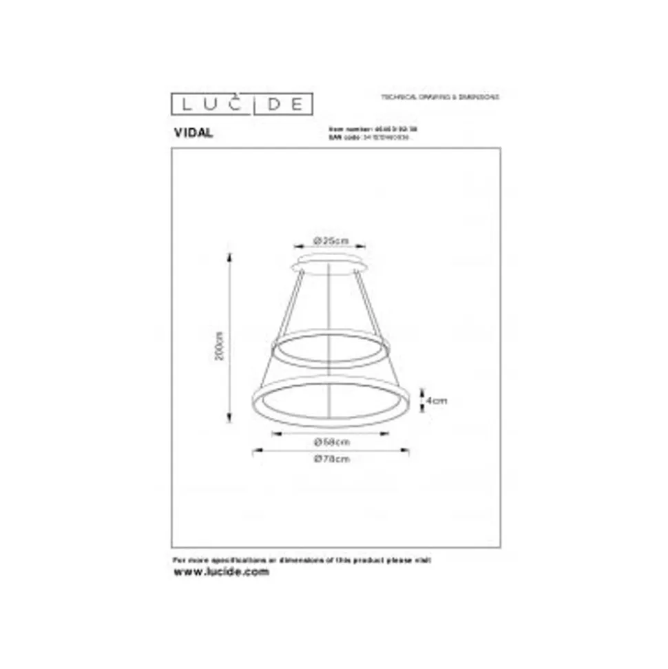 Lucide VIDAL Hanglamp-Zwart-Ø78-LED Dimb.-92W-2700K
