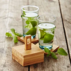 Point-Virgule Glasonderzetters uit bamboe 6 stuks op houder 8.8x8.8cm